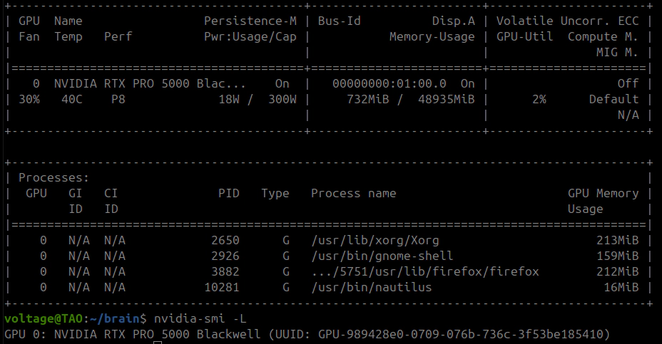 nvidia-smi output showing RTX PRO 5000 Blackwell (48GB GDDR7) at idle