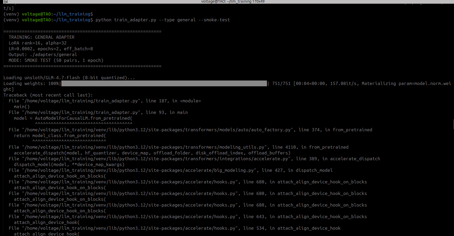 The TypeError from transformers v5 passing unknown kwargs to BitsAndBytes