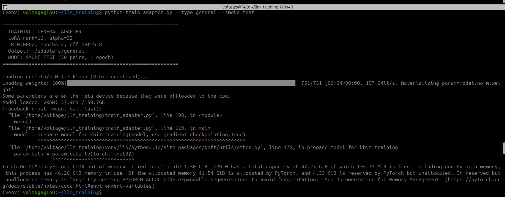One of many CUDA OOM crashes during the debugging process
