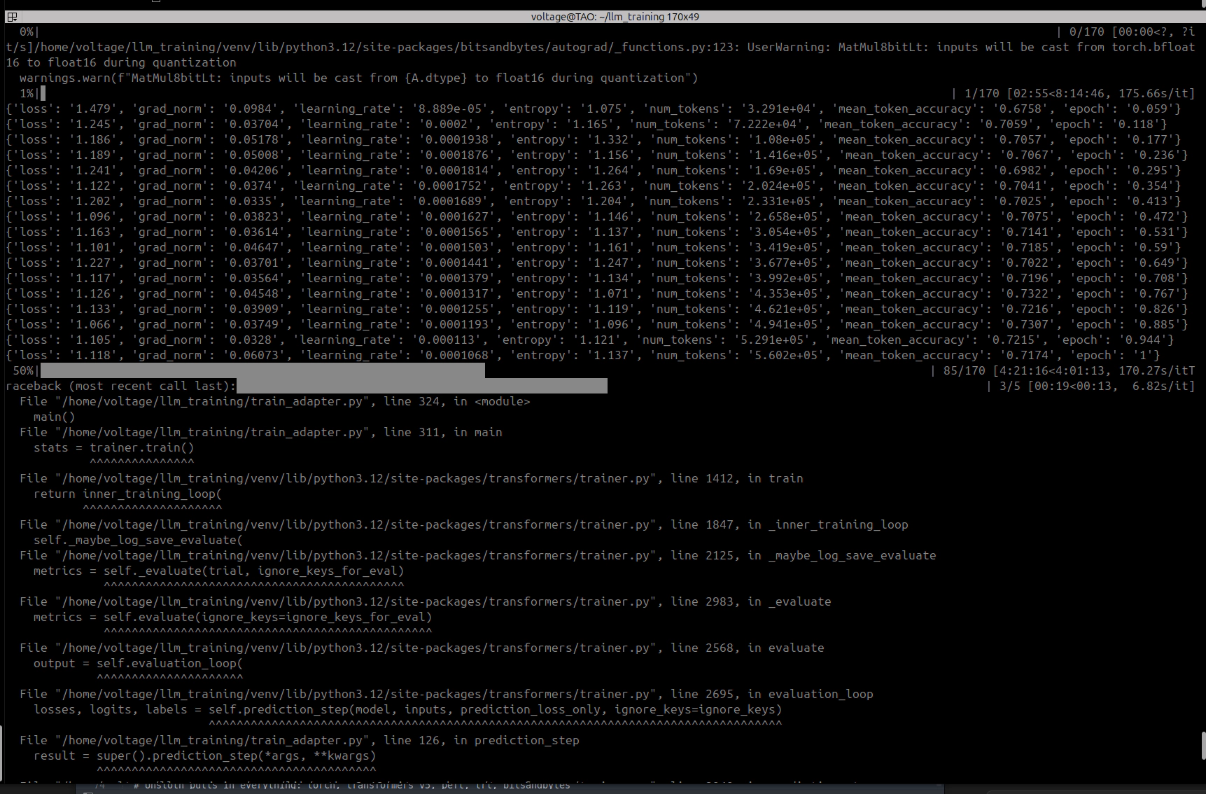 Epoch 1 training completes, then OOM at eval — the hidden batch size default