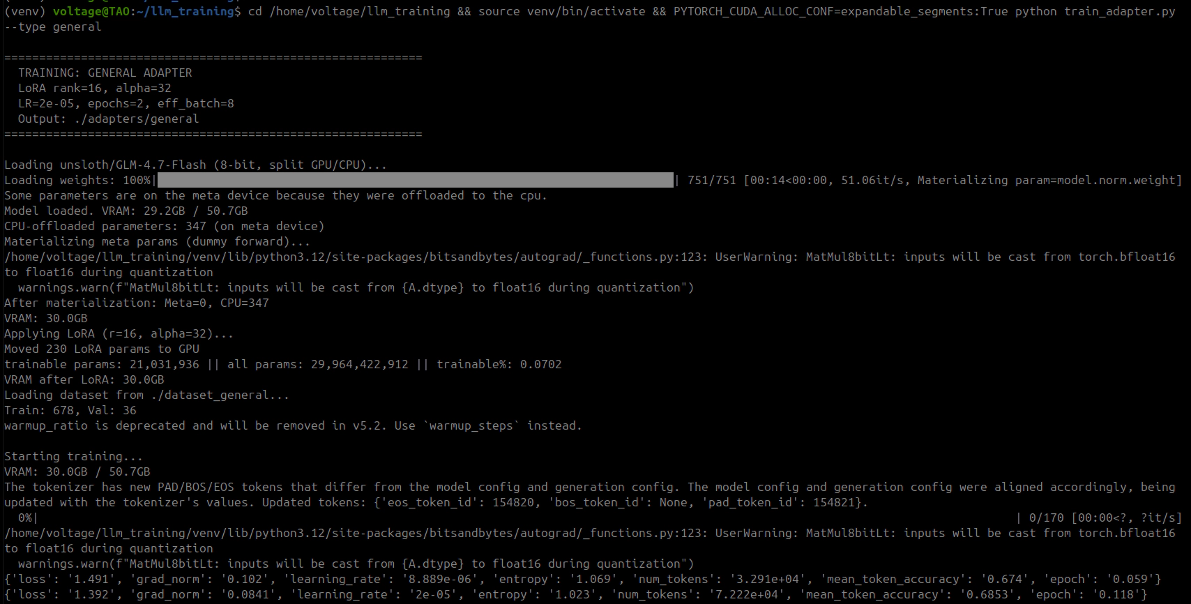 Epoch 1 training in progress — loss decreasing, token accuracy climbing
